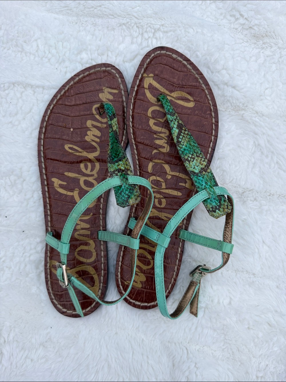 Sam Edelman Mint Green Snake-Print T-Strap Flat Sandals